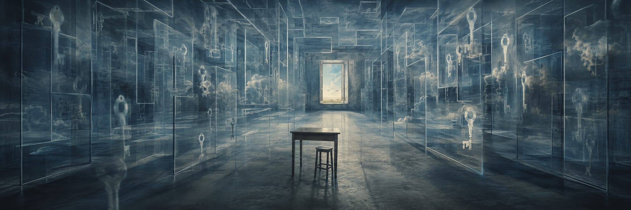 A small table and stool in a surreal room with floating keys, transparent walls, and a bright doorway at the far end.