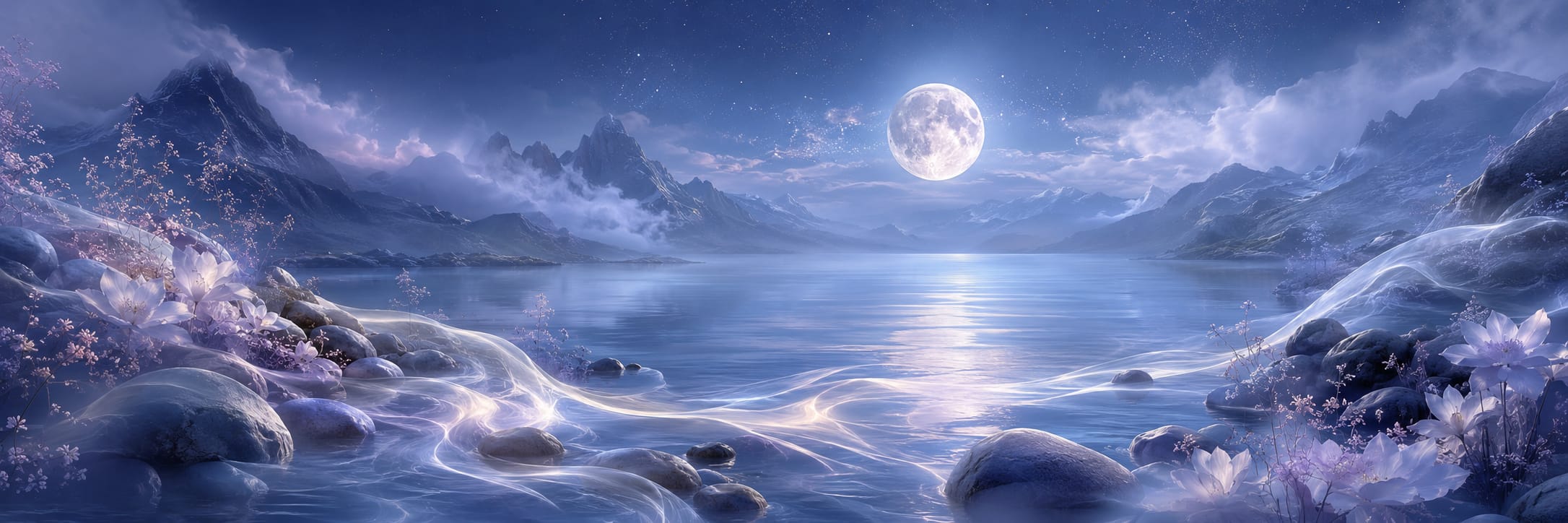 A full moon shines over a calm lake, with glowing flowers and mountains symbolizing quiet strength and spirit.
