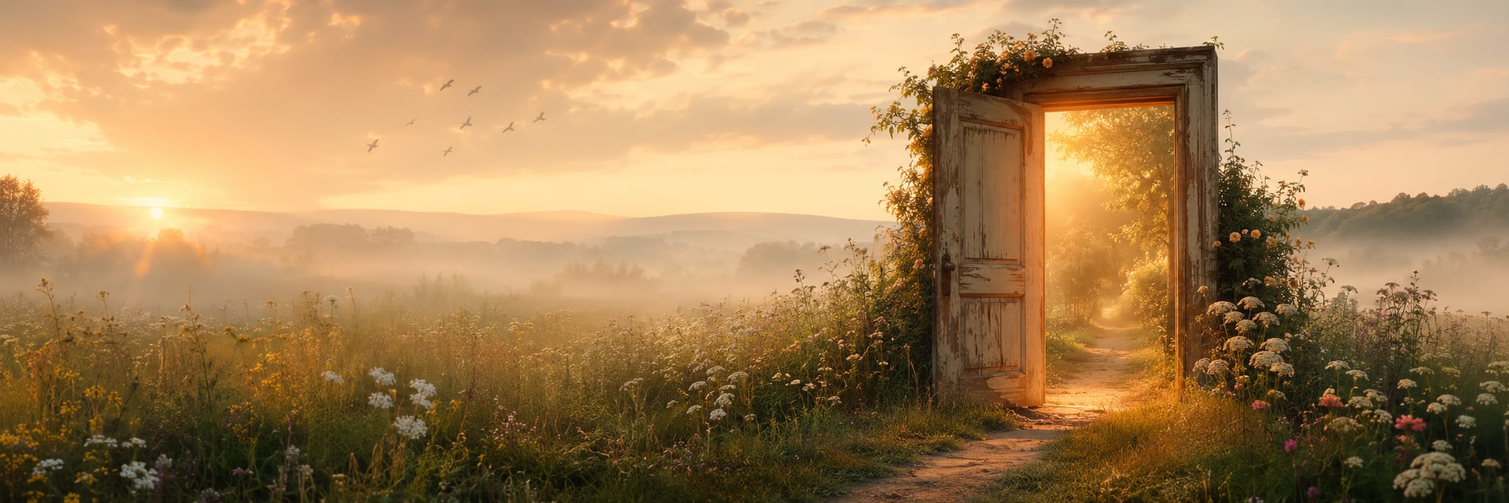 An old door stands open in a misty wildflower field at sunrise, with sunlight streaming and birds flying overhead.
