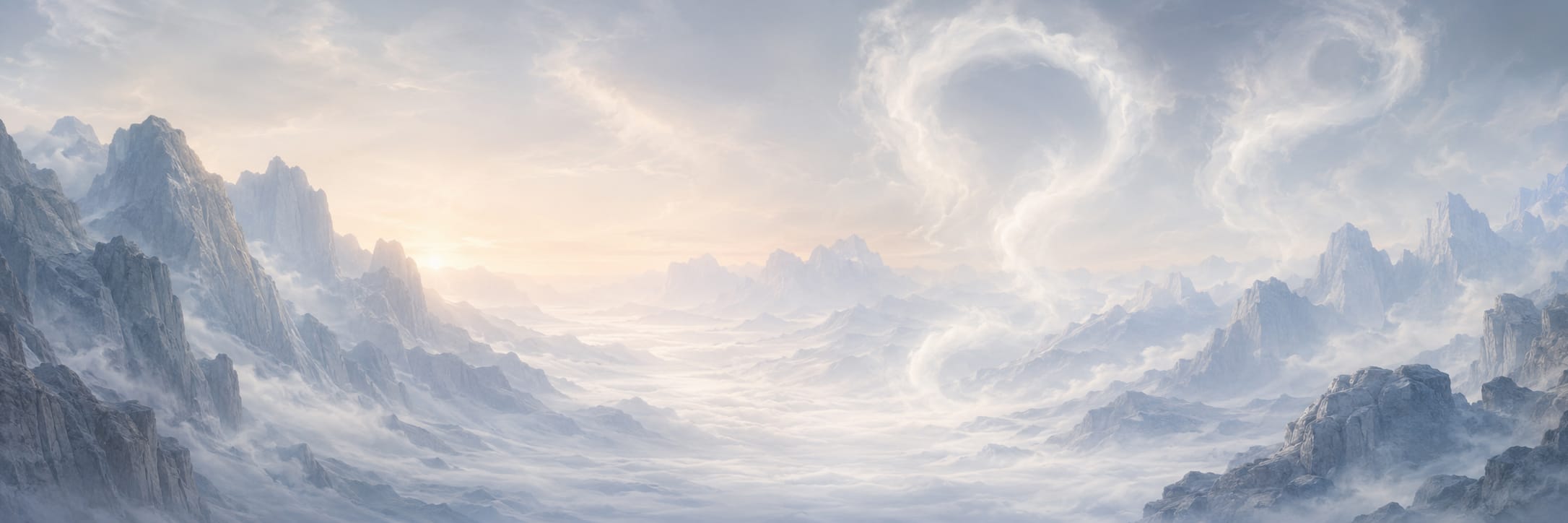 Mountain peaks above sunrise clouds, swirling mist in the sky. From the Nature & Reflection collection.
