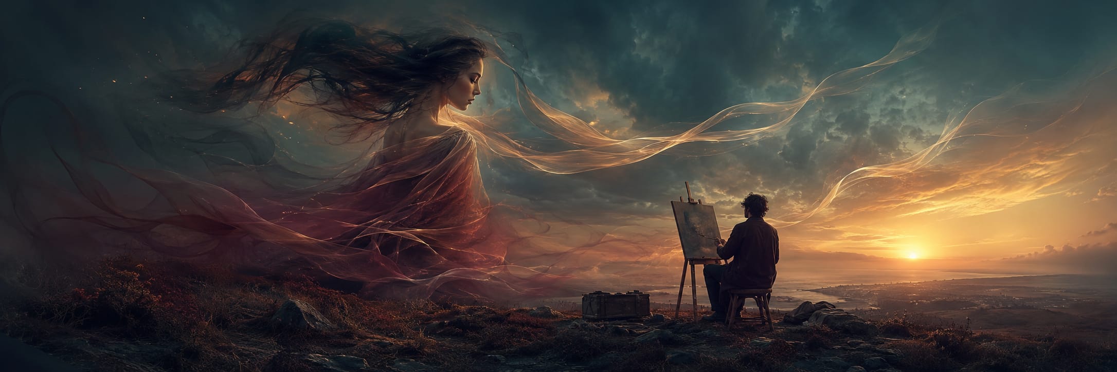 An artist paints at sunset as a large ethereal woman merges with the clouds, her form representing nature and reflection.