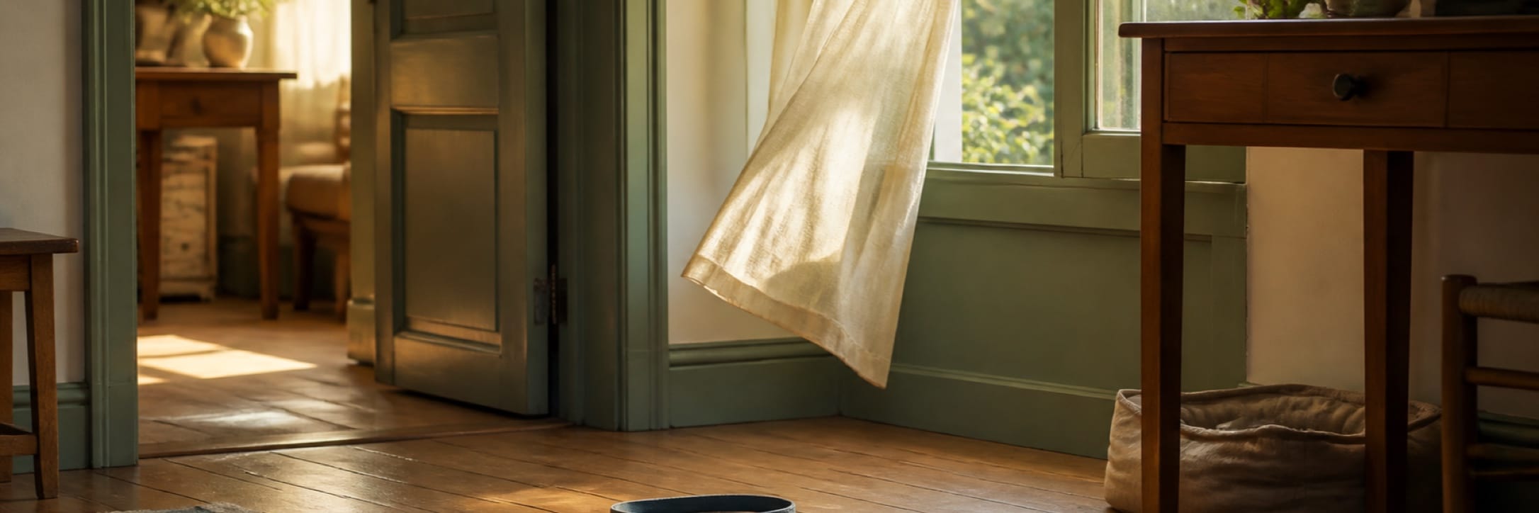 A curtain billows near an open window in a room with wooden floors and simple furniture.