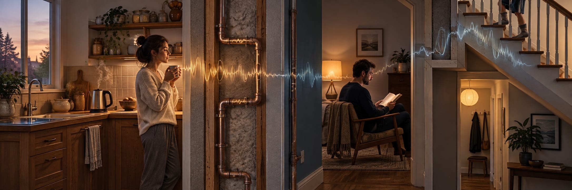 A woman cooks in the kitchen while a man reads, separated by a wall with nature-themed sound waves and decorative pipes.