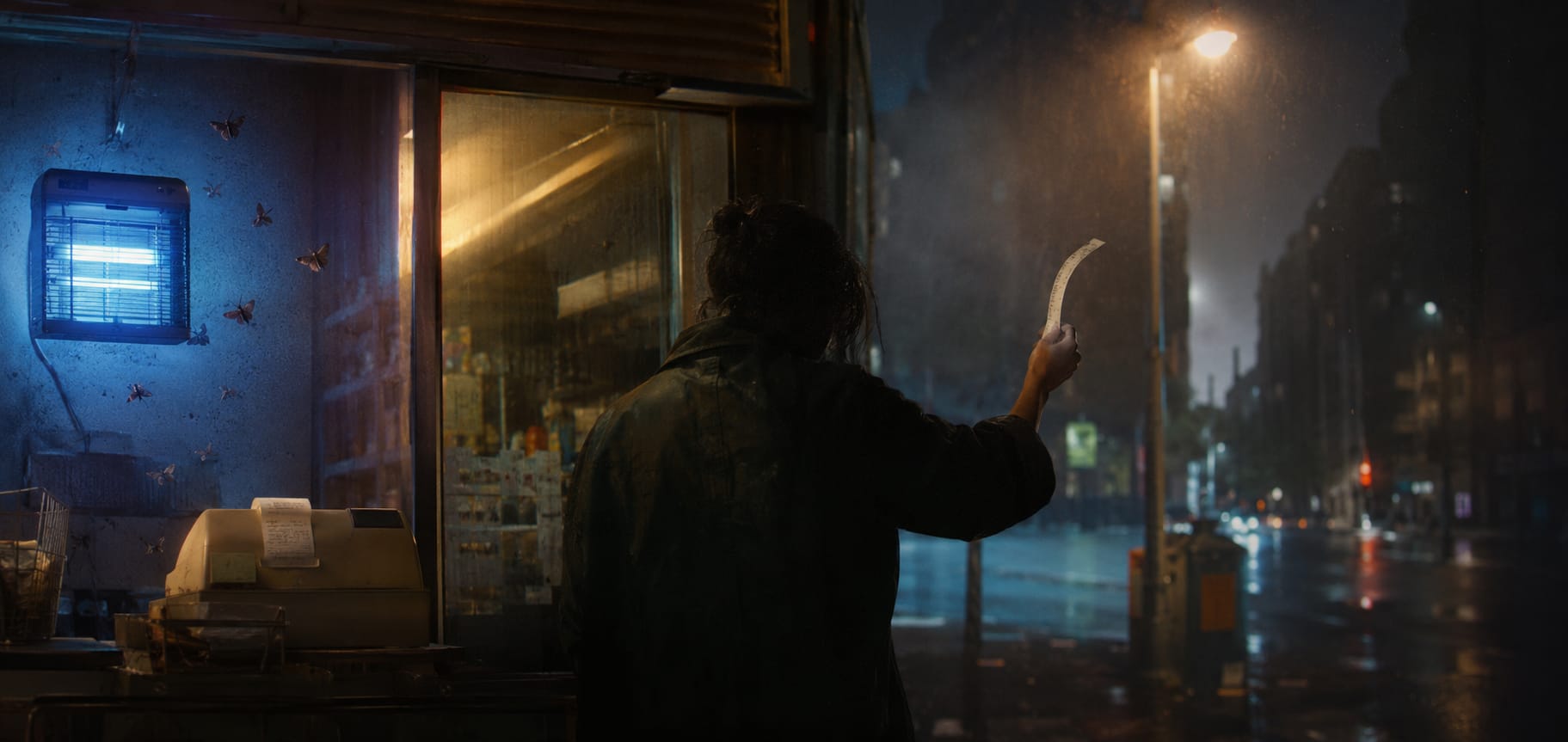 A person stands by a shop counter at night, holding paper, as rain falls on an empty city street.