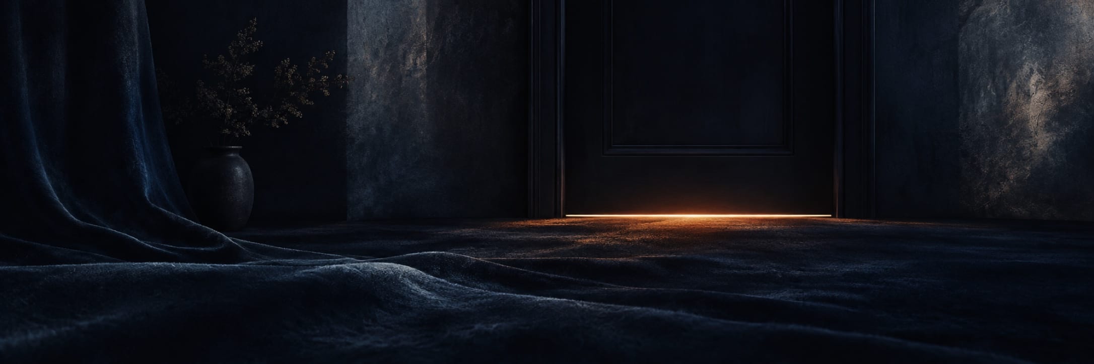 Light seeps under a closed door in a chaotic room with a vase of branches and draped fabric on the floor.