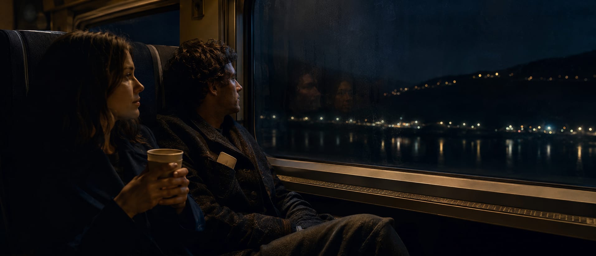 Two people sit on a night train, gazing out the window as distant lights reflect and shimmer on the water.