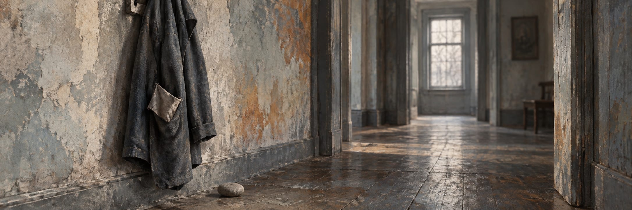 A dark coat hangs in an empty hallway beside a small stone on the wooden floor.