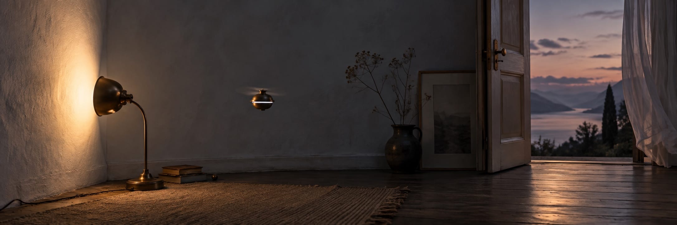 Room with a lamp, vase, and books; an open door shows a surreal sunset over the sea and fantastical mountains.