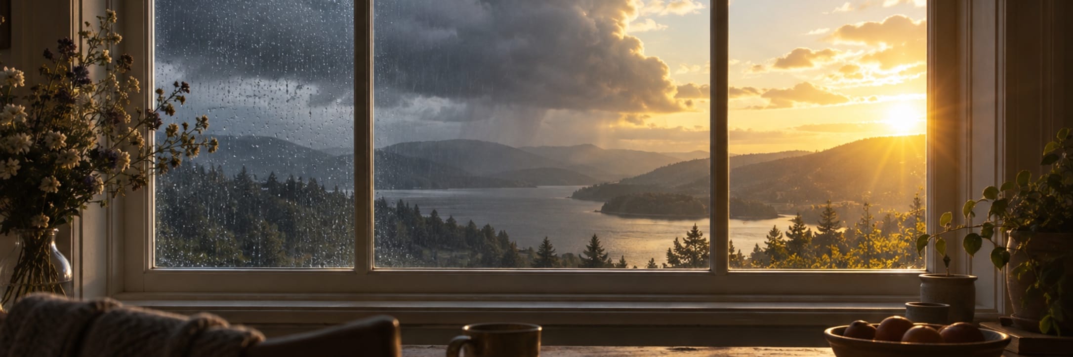 A dark window frames a dramatic stormy sky and a bright break of sunlight over water.