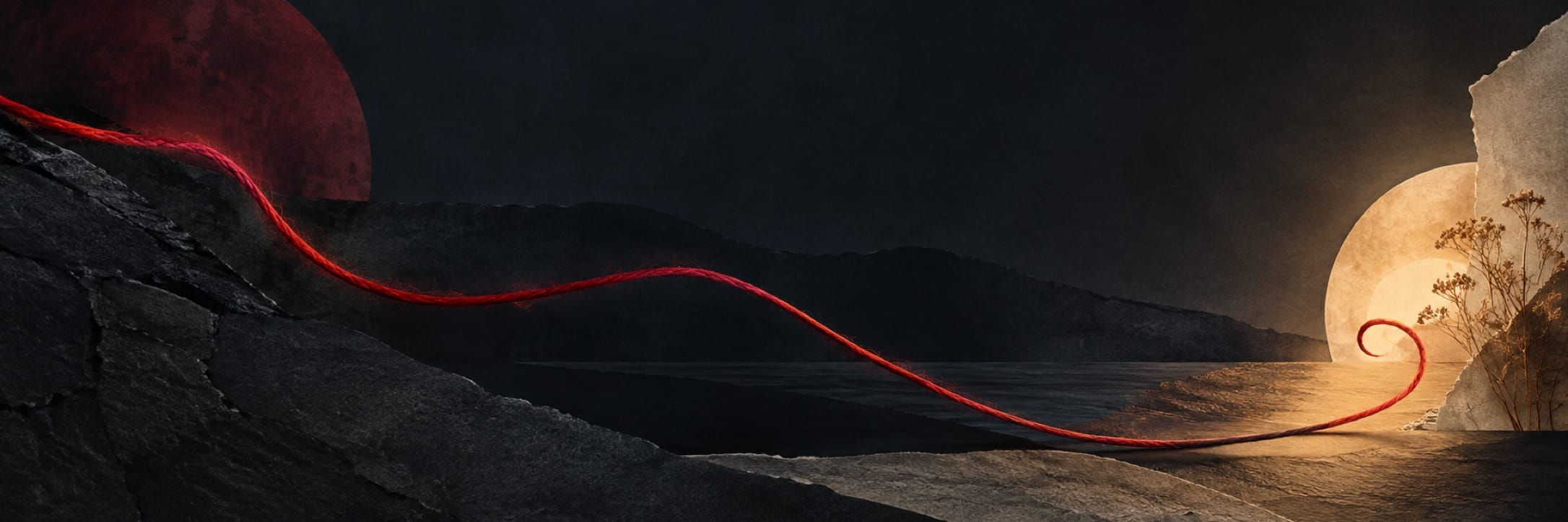A red string crosses rocky terrain, connecting a blood-red moon to a glowing sphere with silhouetted plants.