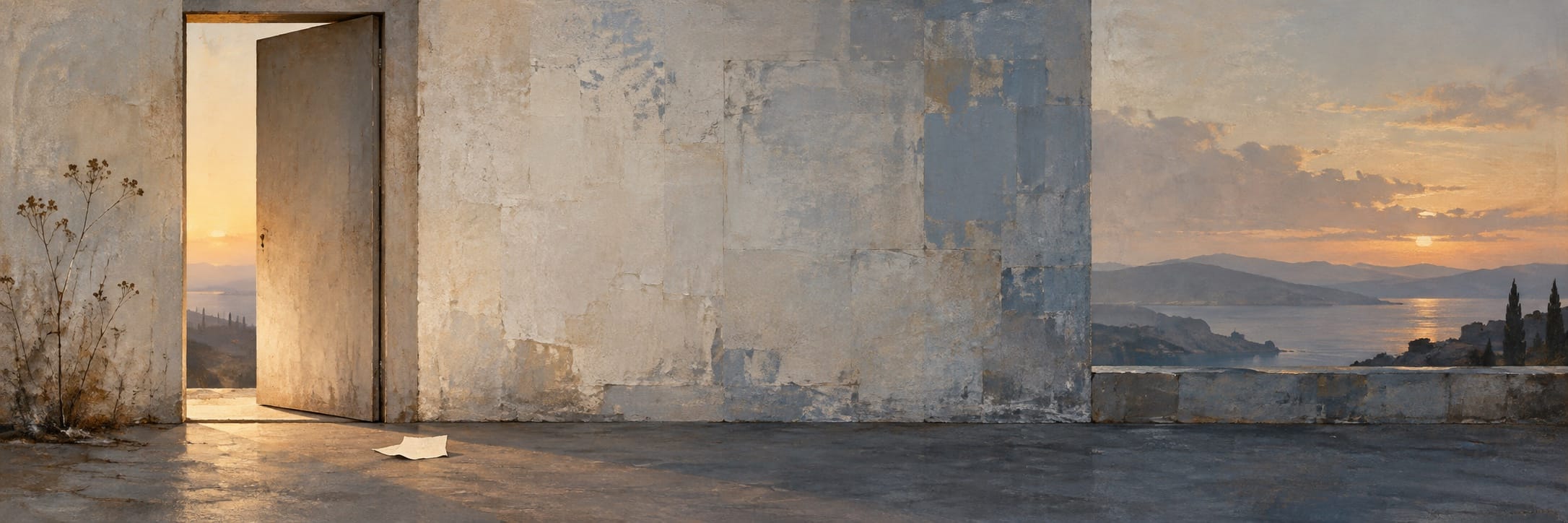 A blank doorway opens through a worn wall towards a sunset landscape.