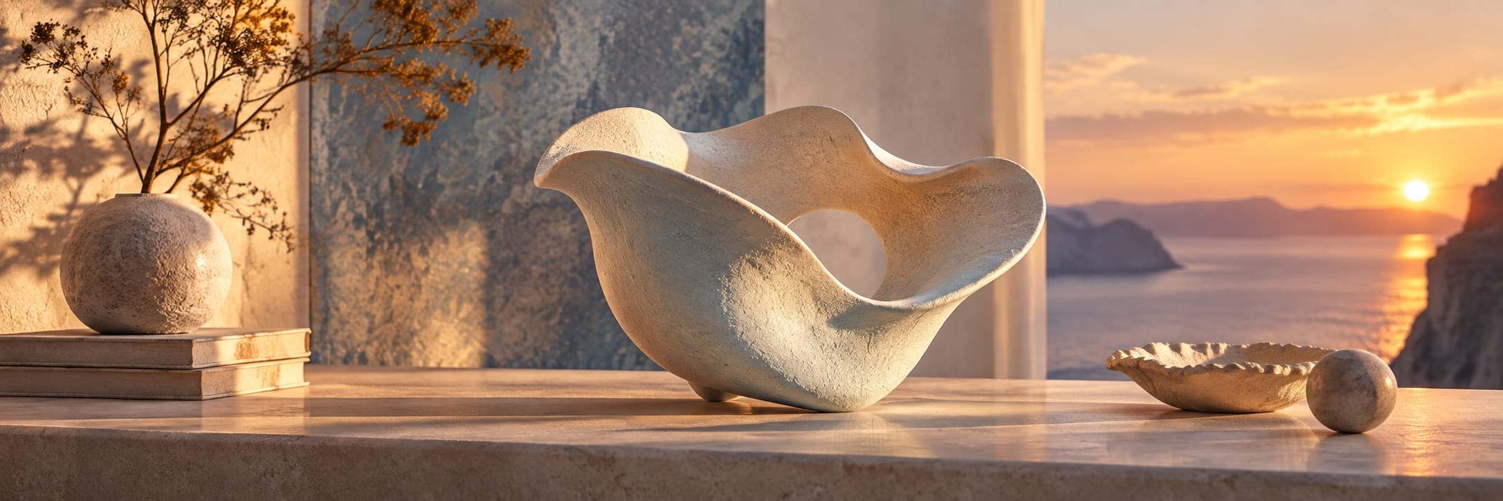 Curved ceramic bowl and dish on marble beside books, a vase, and a sunset seascape evoke serene harmony.