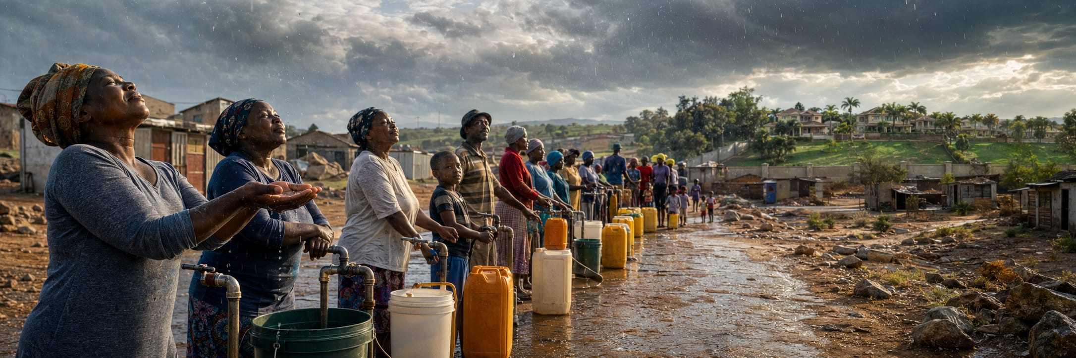 Women wait in line with containers in the rain to collect water in a rural area, with houses visible in the background.