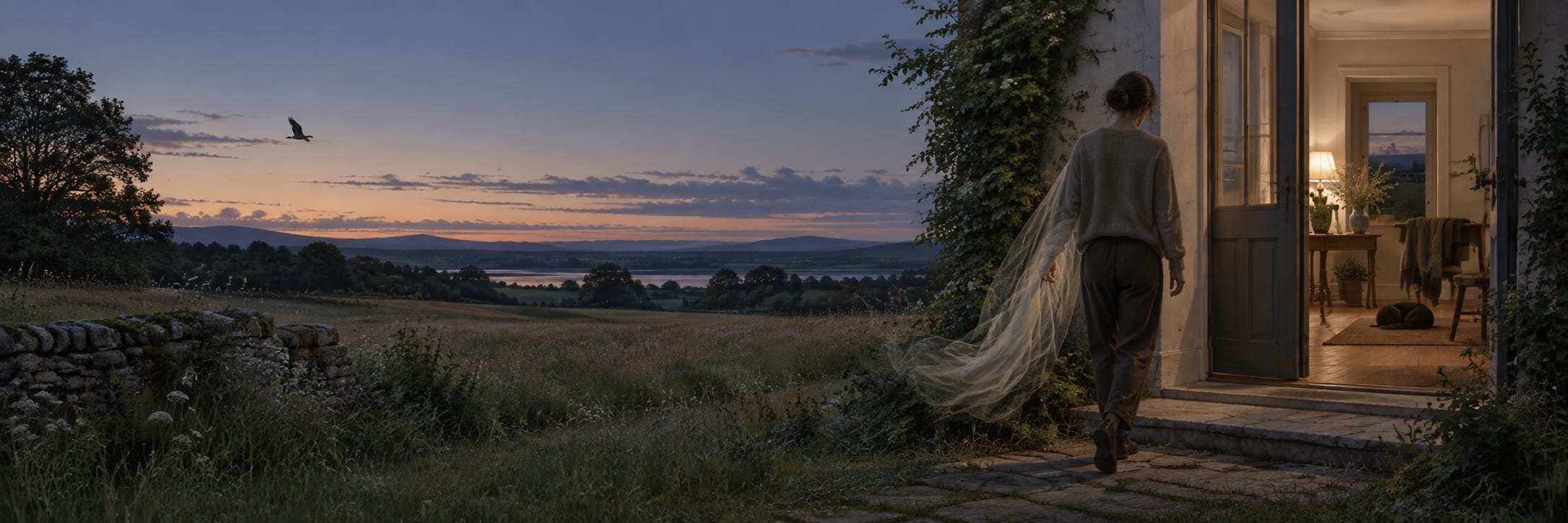 A person walks from a house into a grassy field at dusk while a bird soars overhead and a cat watches from inside.