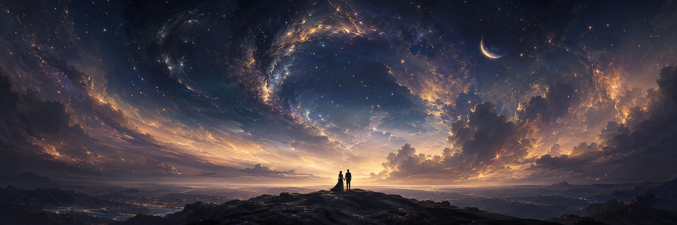 Two people stand on a mountain at dusk, nature around them and their reflection visible beneath swirling stars and a crescent moon.