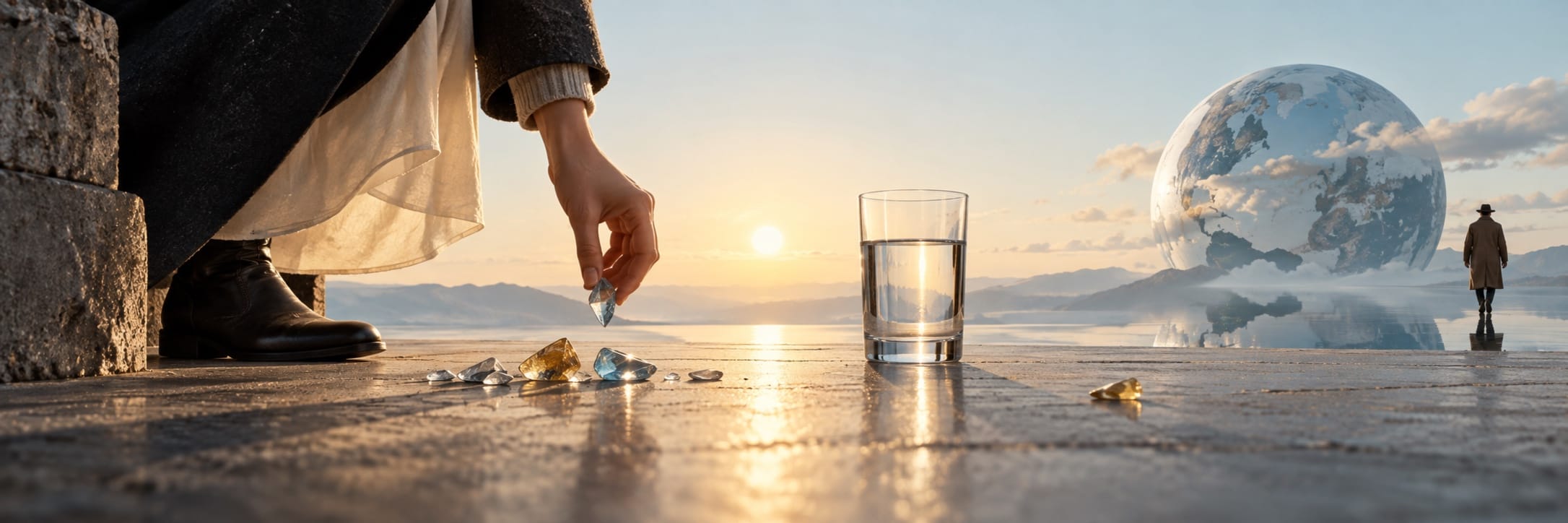 A person picks up crystals by a glass of water at sunset near a large sphere and a distant figure amid swirling chaos.