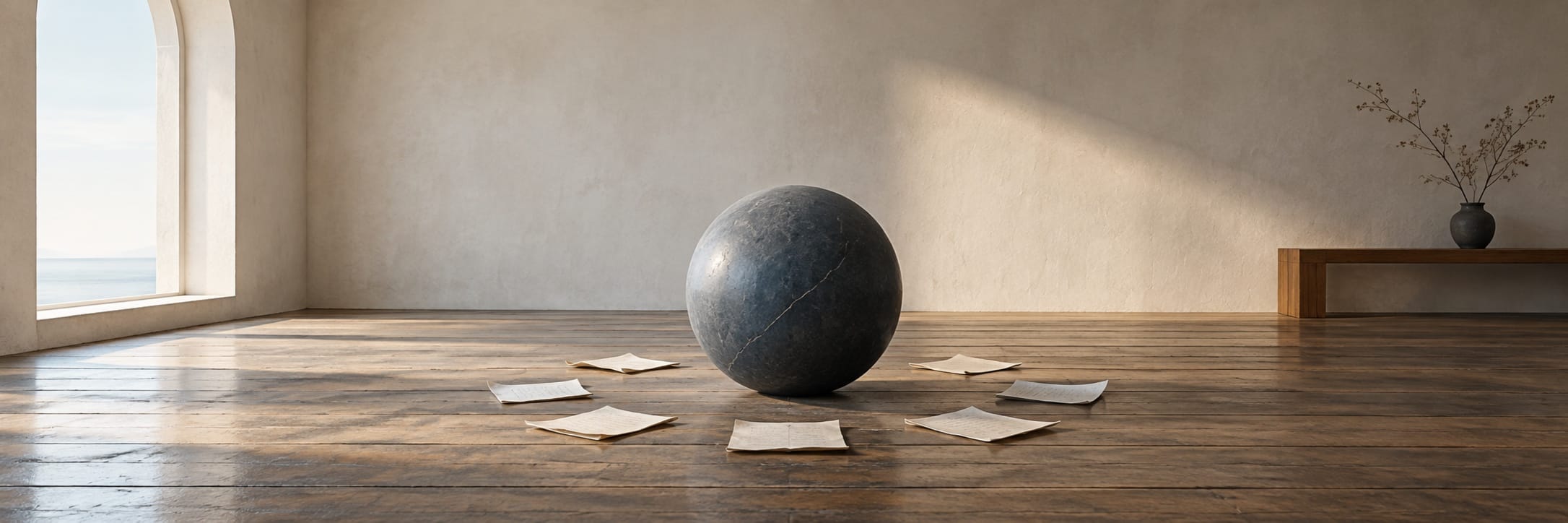 A large stone sphere rests among scattered papers on a wooden floor, adding an unconventional element to the room’s design.