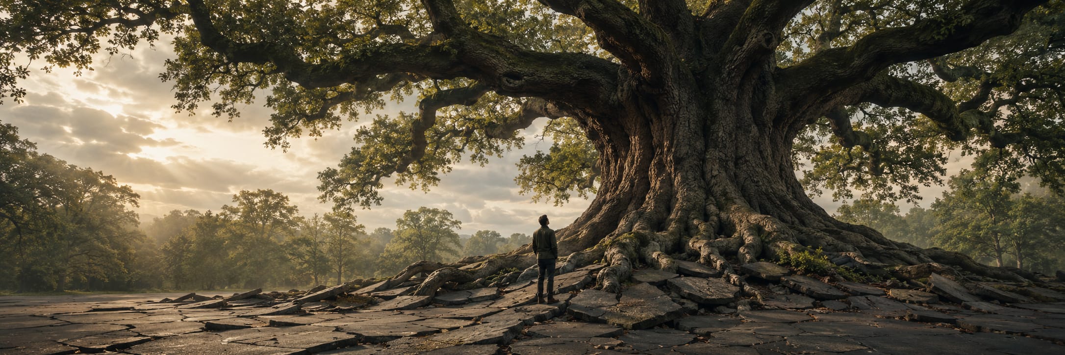 A person stands beside a massive tree with spreading branches, on cracked stone ground, evoking nature and reflection.