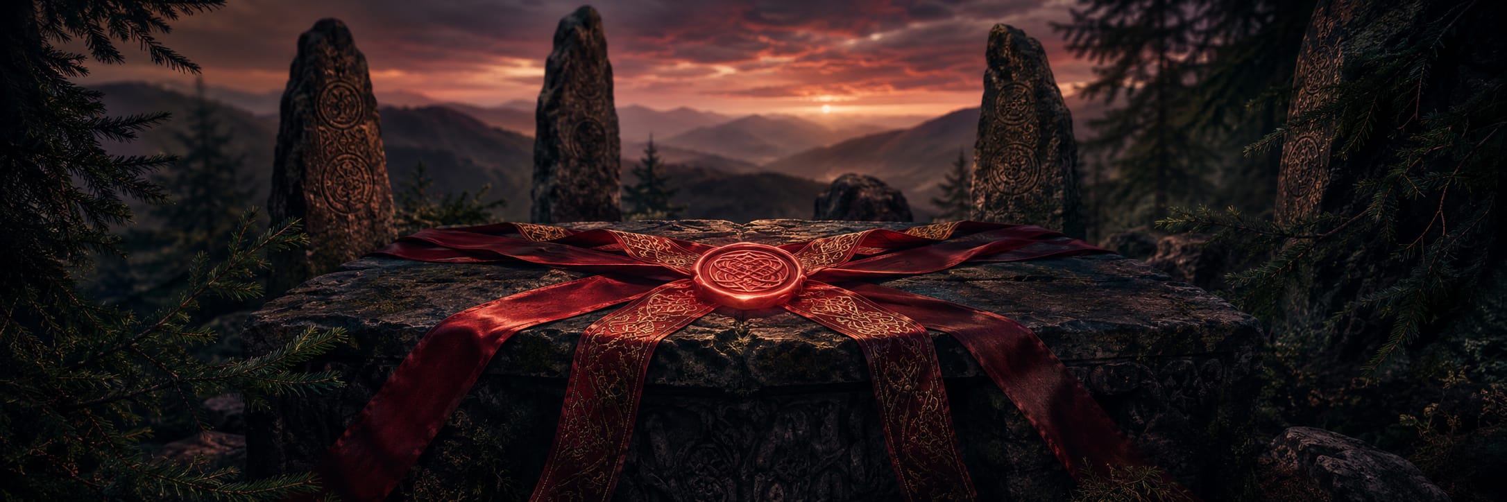 Stone altar draped with red cloth and wax seal, symbols of Strength and Spirit, surrounded by engraved stones in a forest with mountains.