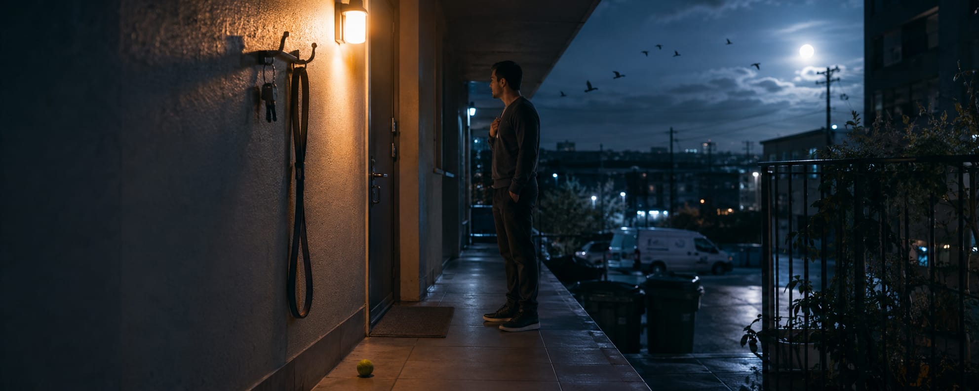 A man stands outside an apartment at night near a dog leash, with a quiet, reflective sky above.