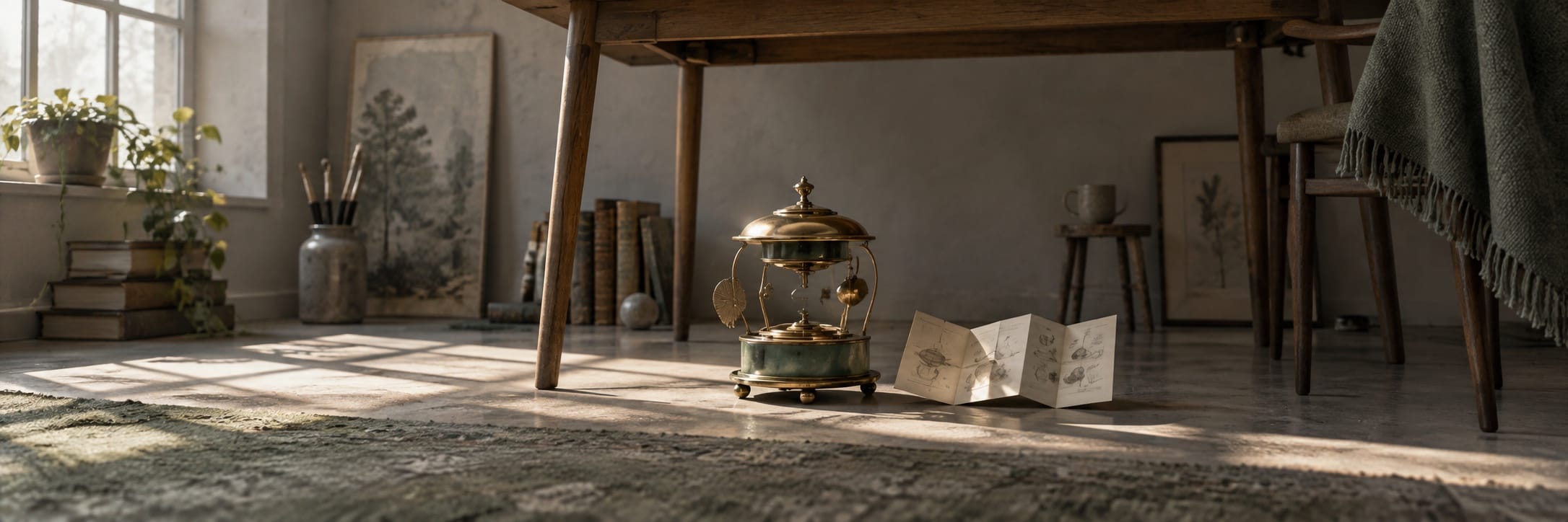 A brass orrery and sketched paper on a wooden table in a cozy vintage study, suggesting contemplation and curiosity.