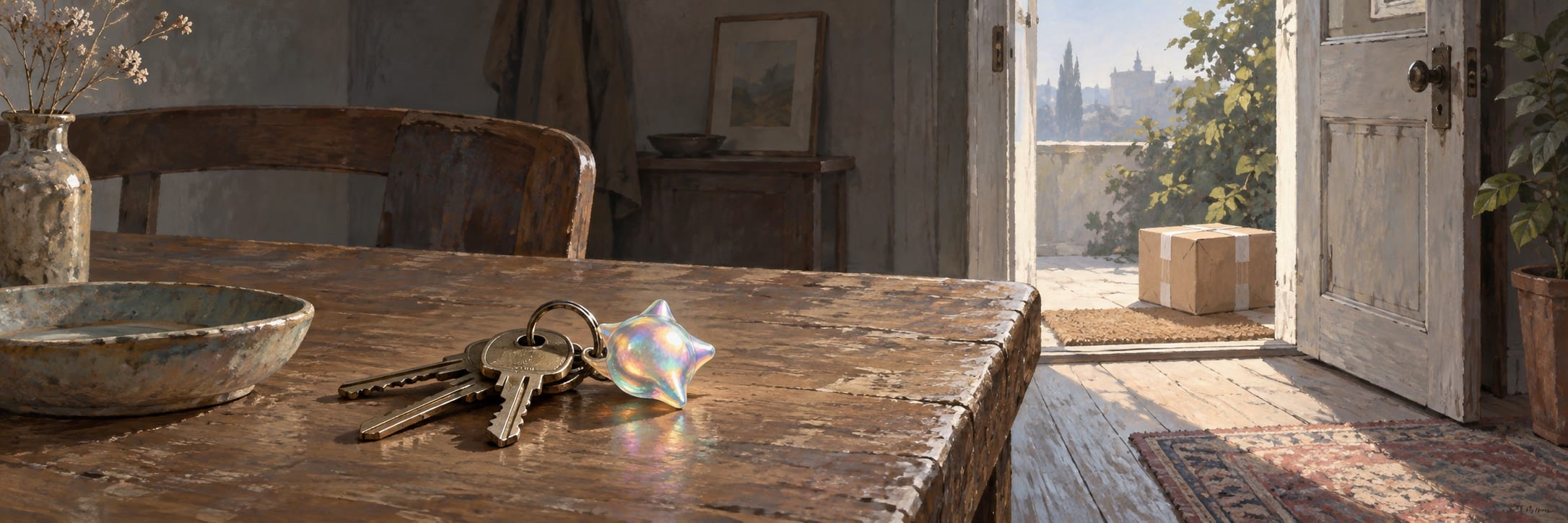 A small iridescent object rests beside keys on a worn table in a sunlit room with an open doorway.