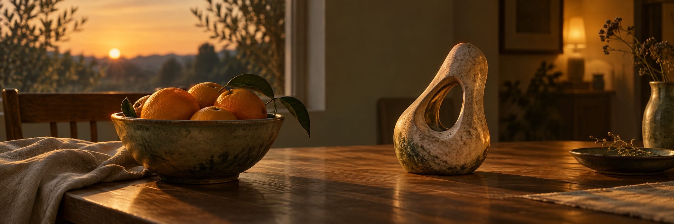 A surreal ceramic bowl of oranges and a fantastical vase on a wooden table in a room with sunset views.