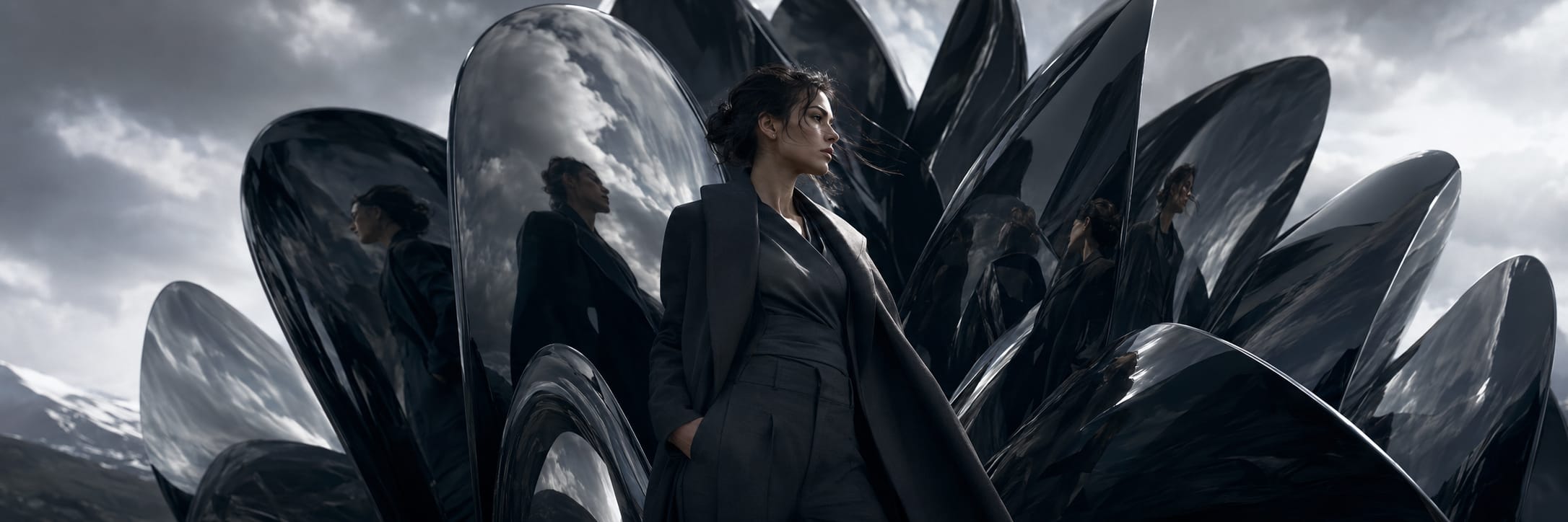 A woman in dark clothing stands in front of glossy black shapes reflecting nature and a cloudy sky.