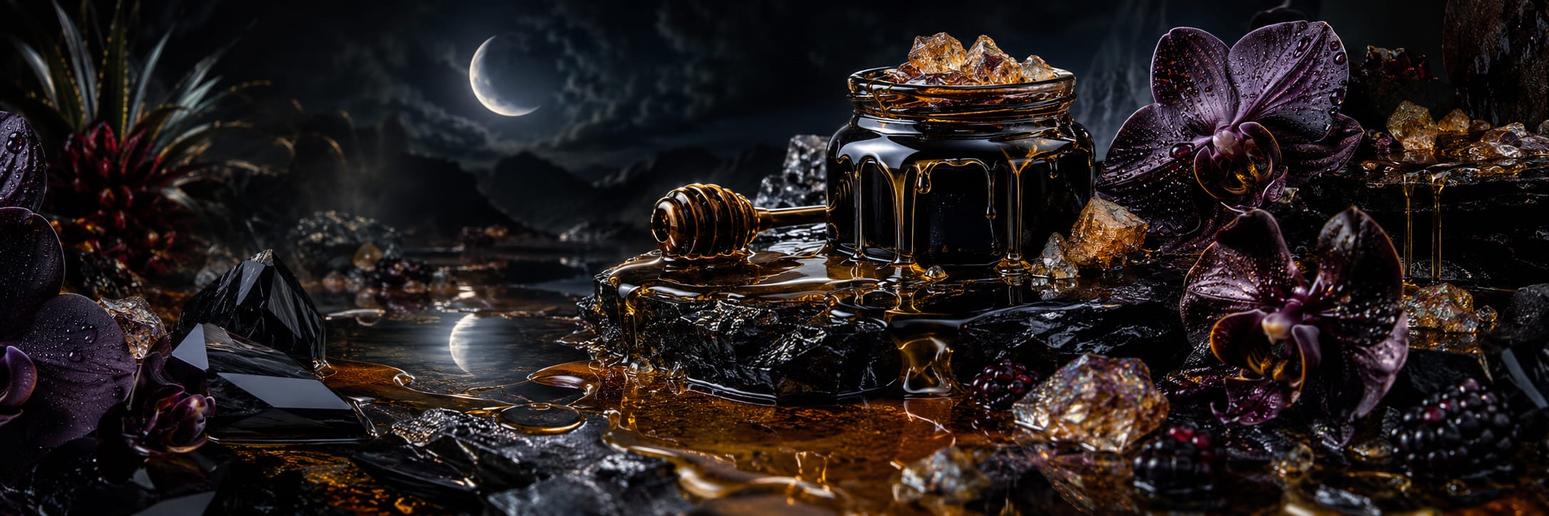 Jar of honey, honey dipper, orchids, and crystals on rocks under a surreal crescent moon.