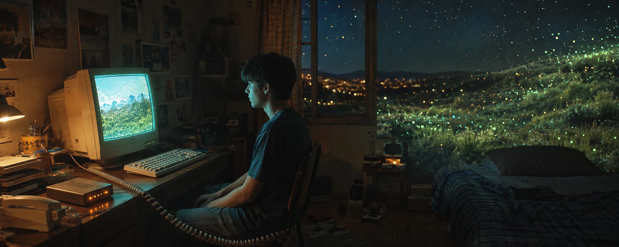 A person at a desk with an old computer looks out at glowing lights in nature, reflecting quietly on the nighttime landscape.