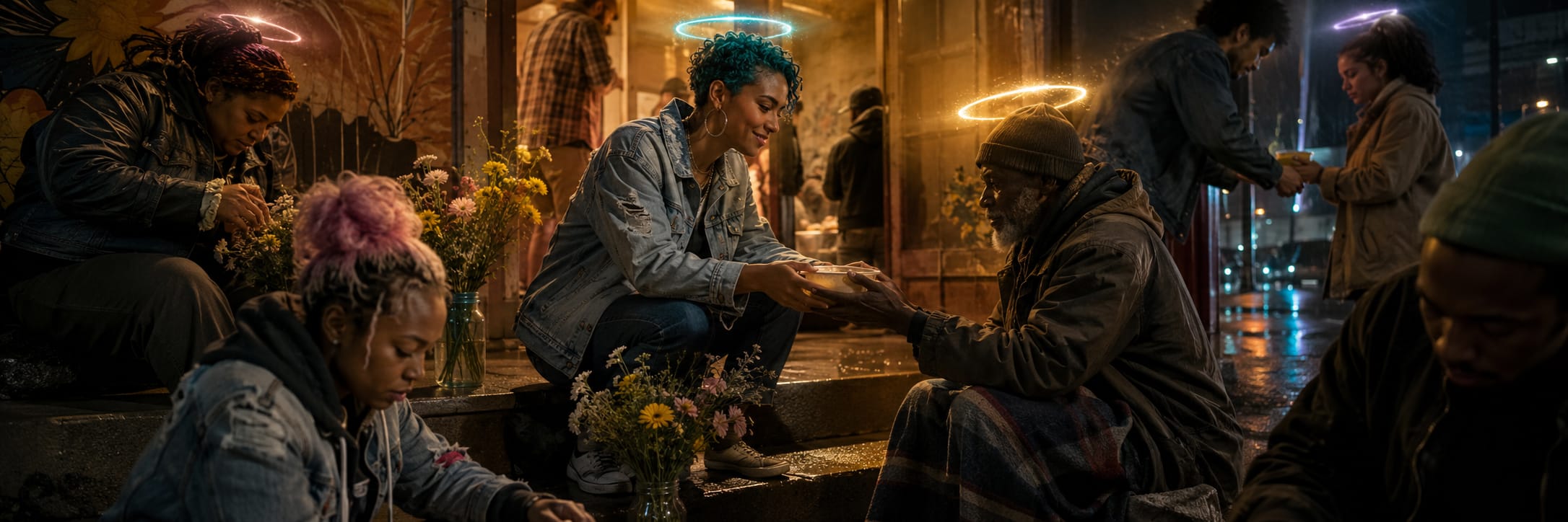 People with glowing halos share food and flowers on city steps at night, representing strength and spirit by a lit-up street.