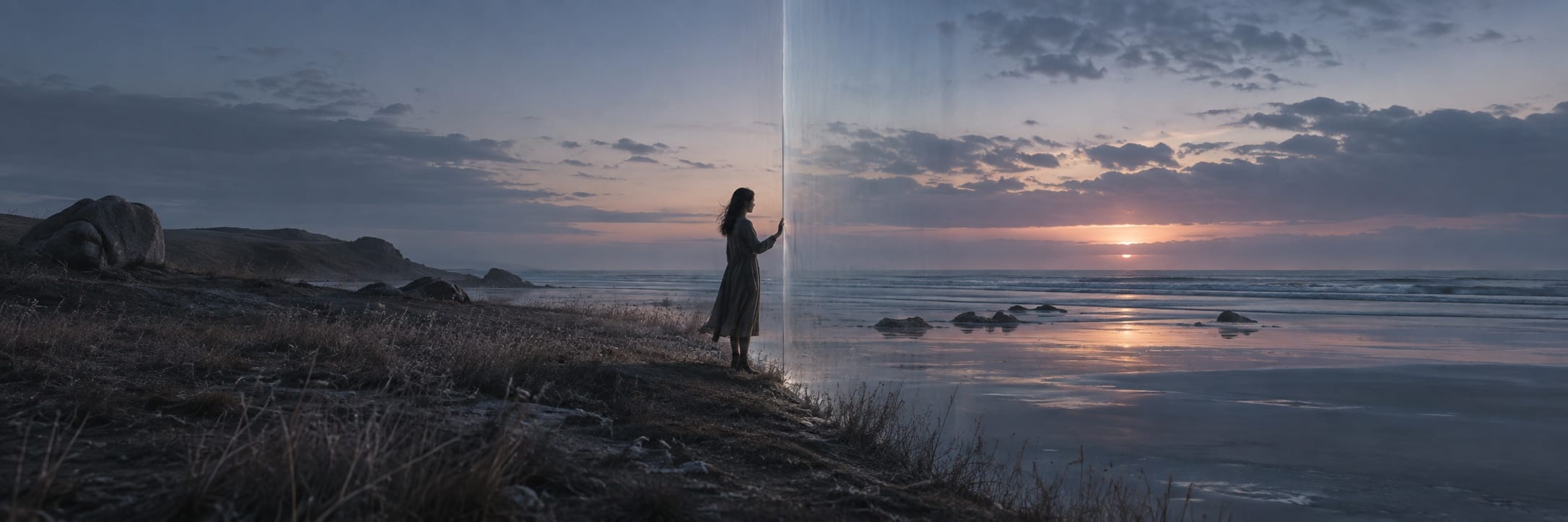 A person on a beach at sunset touches a glowing vertical barrier that splits the fantastical landscape.