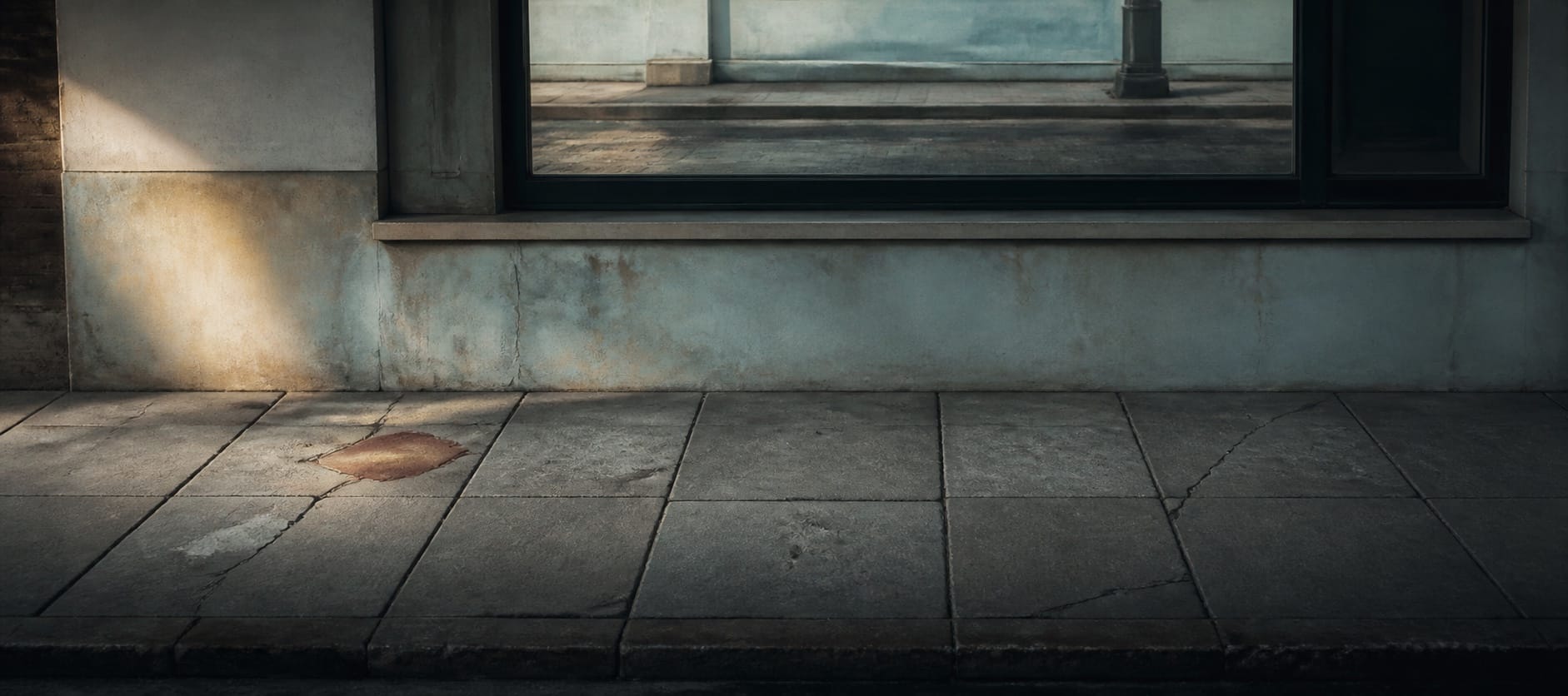 Ordinary city pavement beneath a window shifts subtly into an uncanny pale morning perspective.