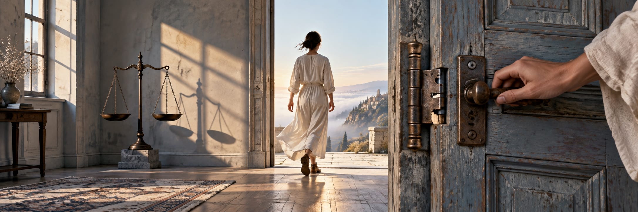 A person in a white scale-patterned dress leaves a surreal room as another hand opens a door to fantastical mountains.