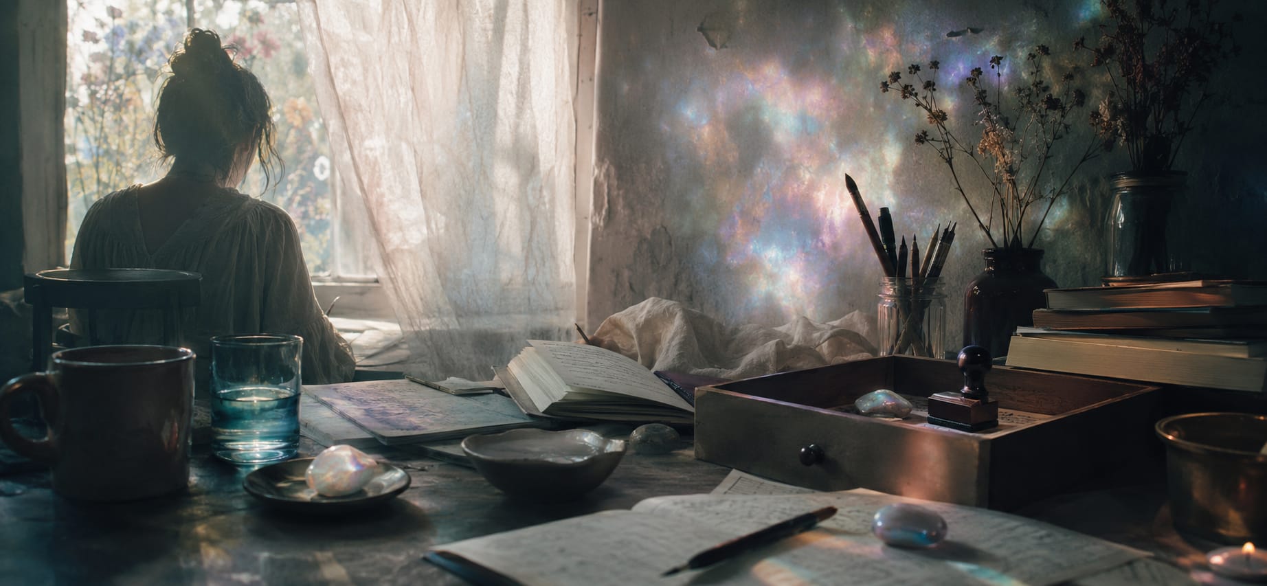 A confident woman sits by the window at a desk with books, pens, a glass, and colorful stones.
