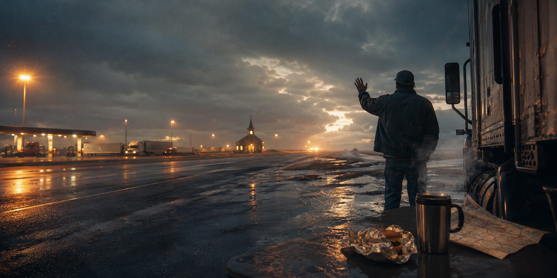 Person waves at sunrise on a wet roadside near trucks, with food and a coffee mug on the table in the foreground.