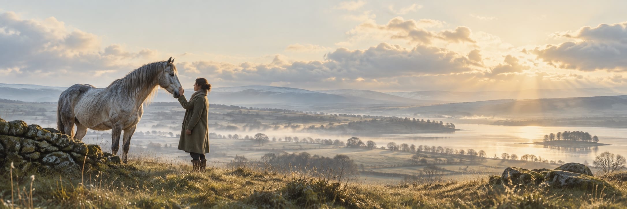 A person stands beside a gray horse on a grassy hill overlooking fields, a lake, and distant mountains at sunrise.