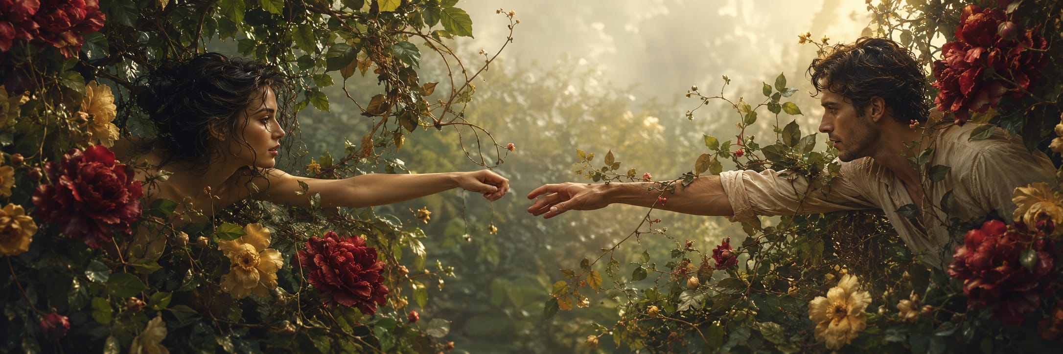 A woman and man reach through dense flowering bushes in a misty garden, surrounded by nature and reflection.