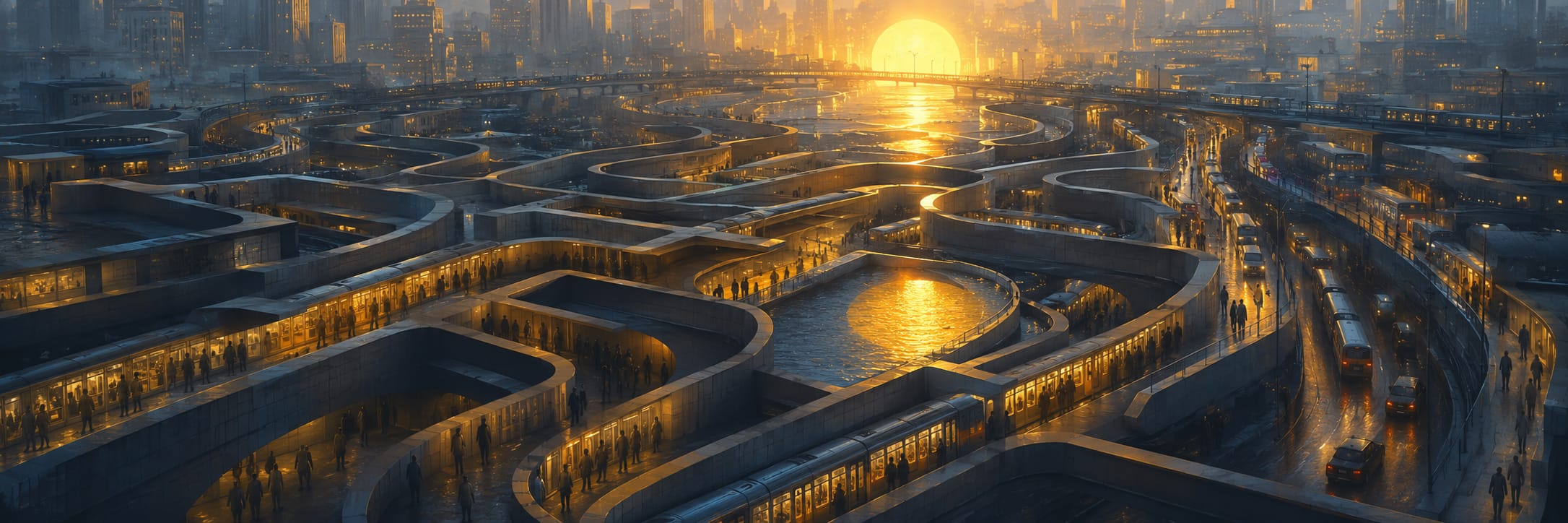 Surreal cityscape with winding roads and trains under a low sun, depicting a visionary future.