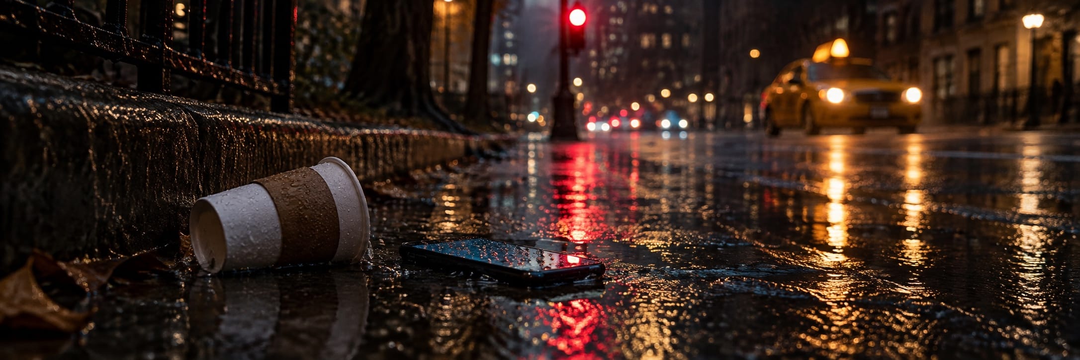 A paper cup lies on a rain-soaked kerb beside a glowing phone and red traffic light.