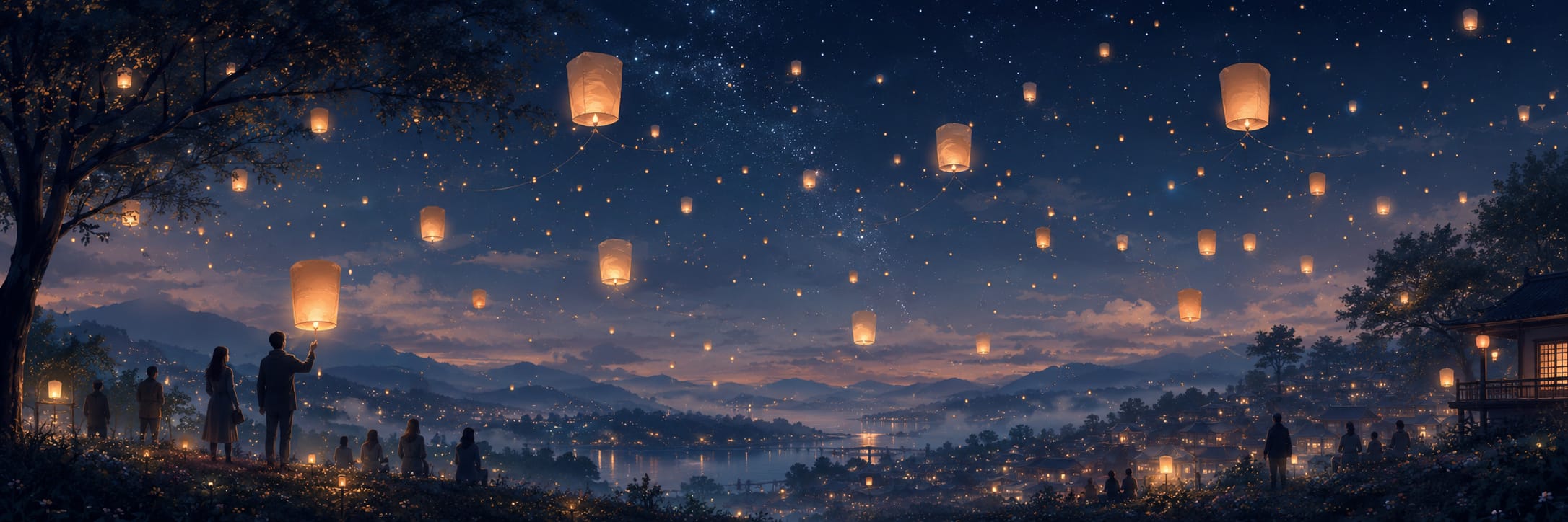 Glowing lanterns rise into a starry sky, their reflections shimmering on a calm lake in a tranquil, natural scene.