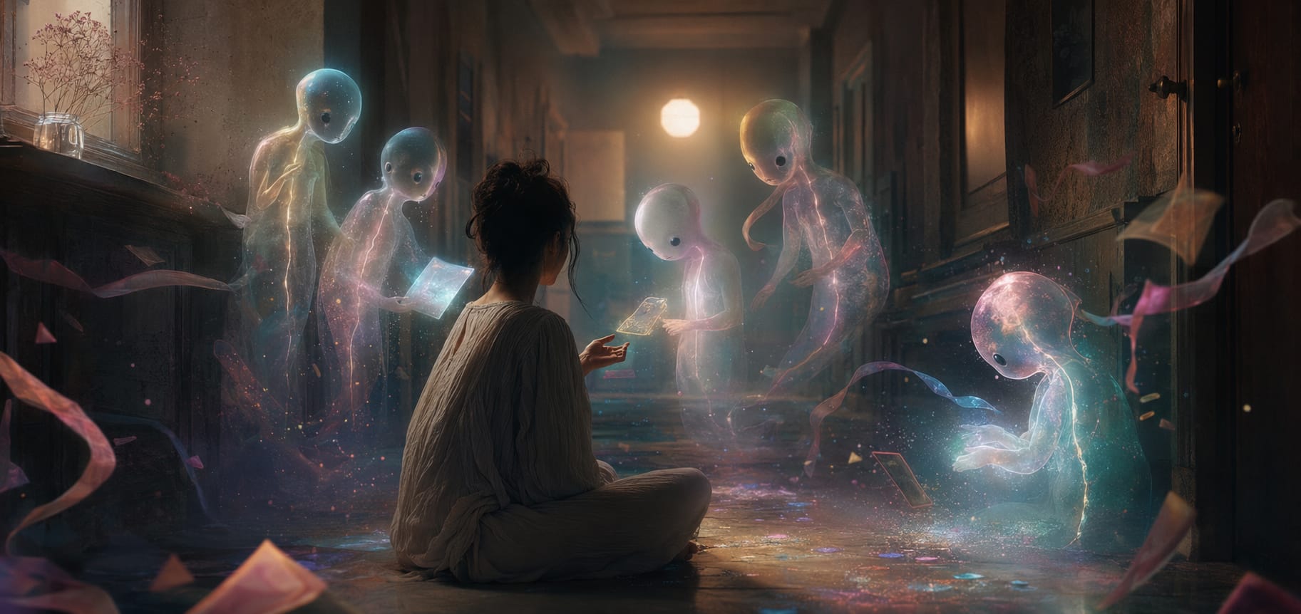 A person sits on a hallway floor, surrounded by five glowing surreal figures holding fantastical objects.
