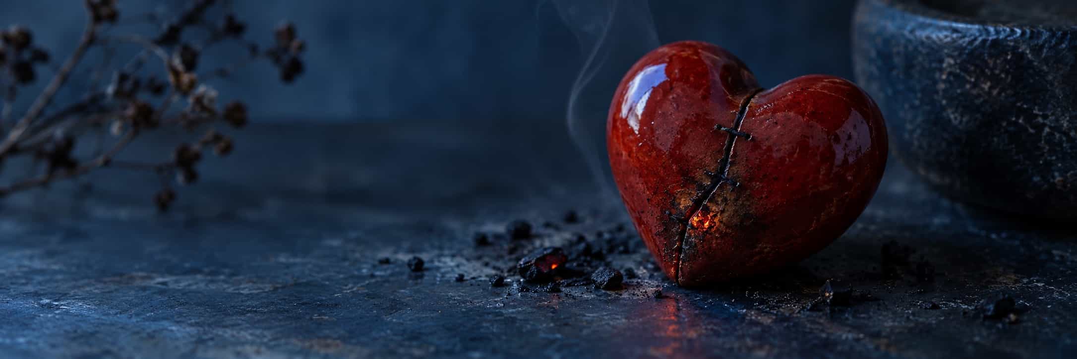 A red glazed heart-shaped object has a fine dark seam and a small ember beneath it.