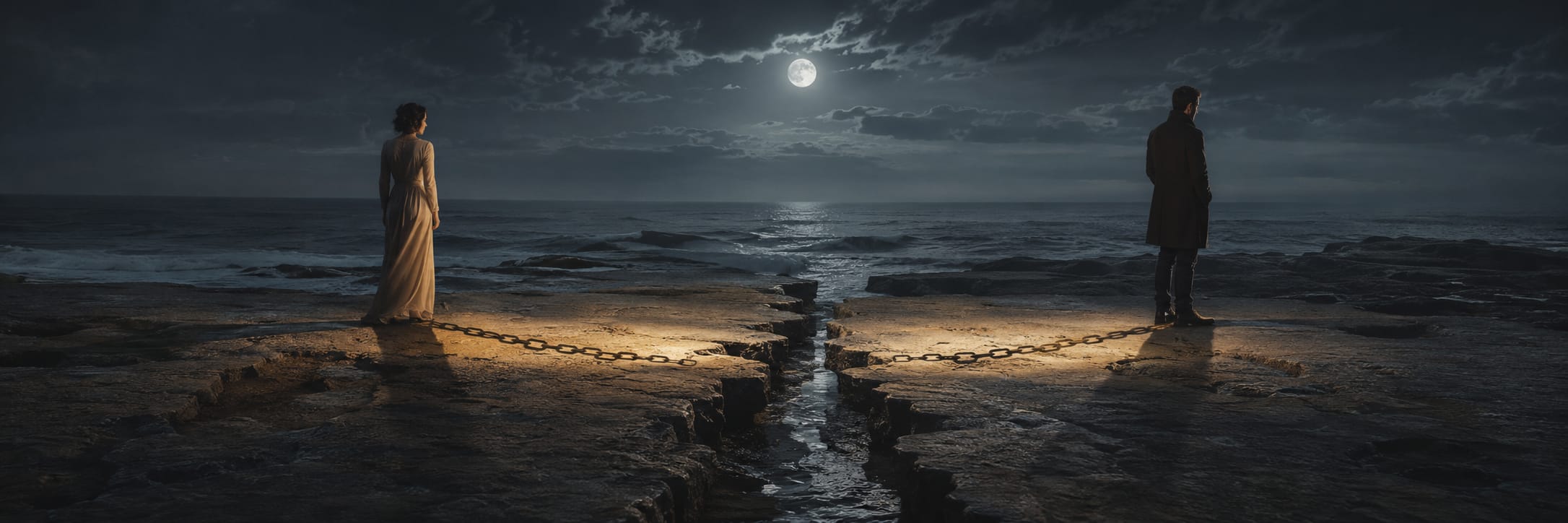A chained man and woman face each other across a rocky chasm beneath the ocean at night.