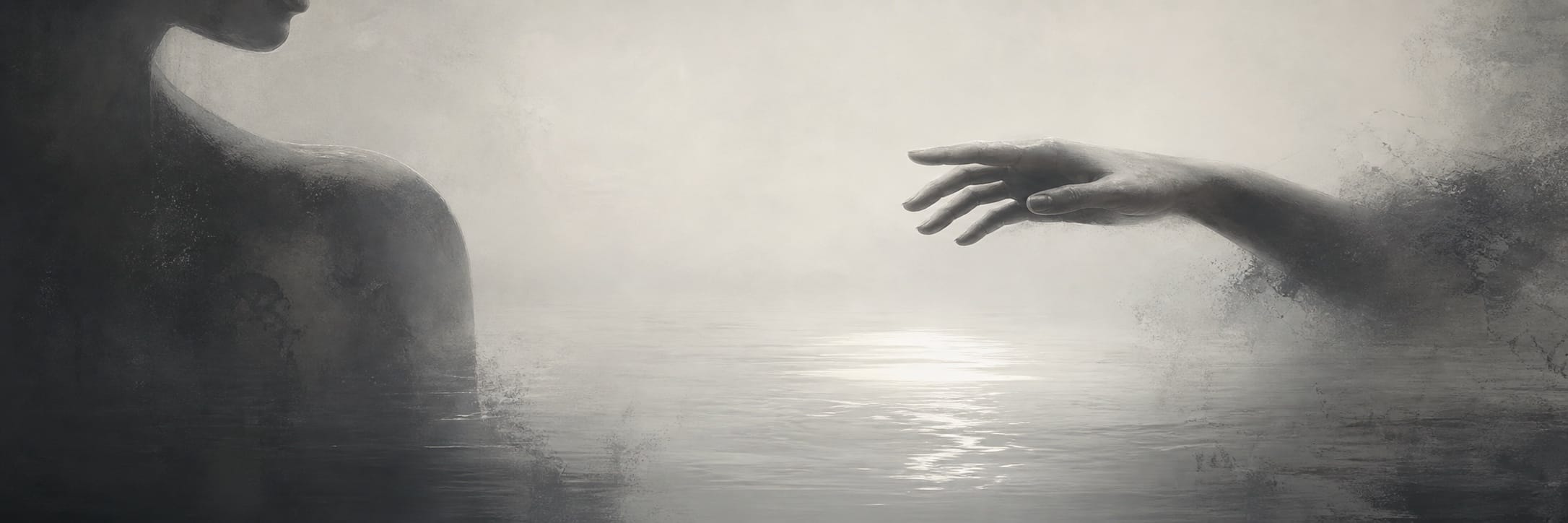A hand reaches toward a silhouetted figure across a misty, reflective body of water.
