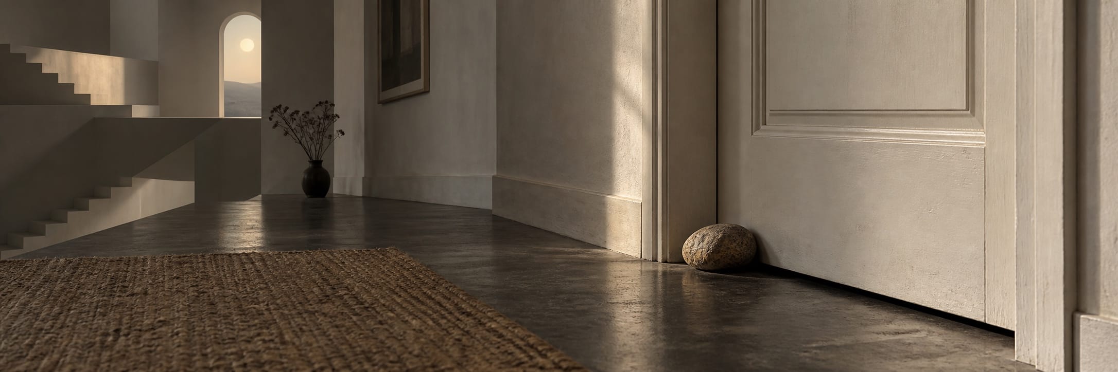 A surreal stone holds open a white door in a hallway with a unique vase, stairs, and a woven rug visible.