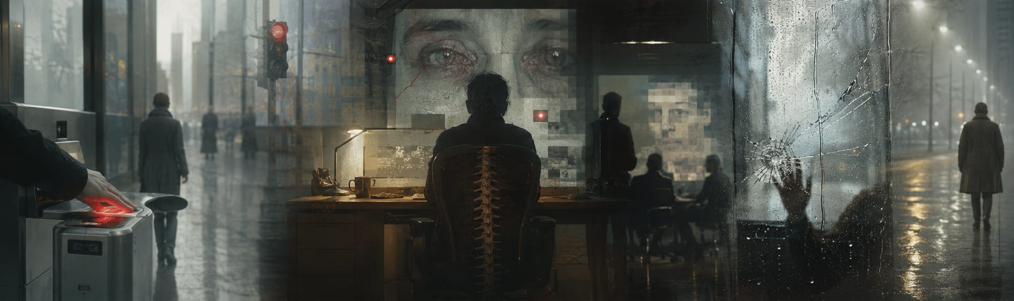 A person at a desk looks at a cartoonish screen with eyes while outside, hands press to rain-covered glass amid urban unrest.