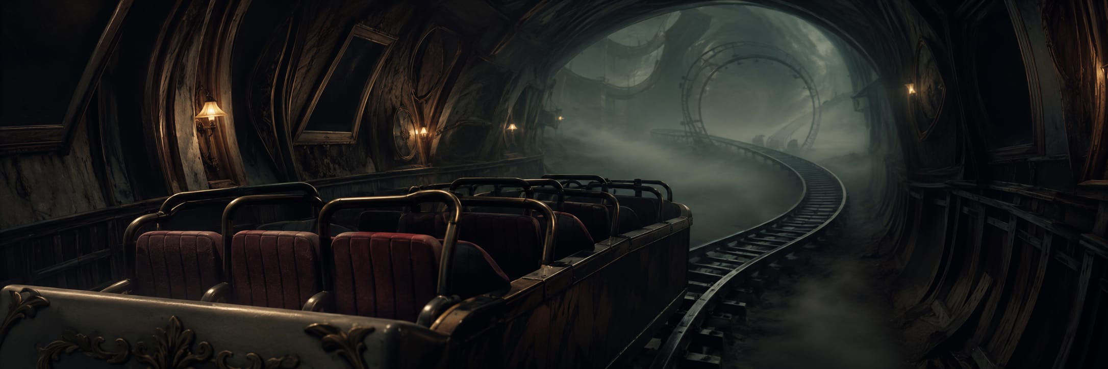 A surreal roller coaster car waits on misty tracks beneath flickering lamps in an eerie, chaotic tunnel.