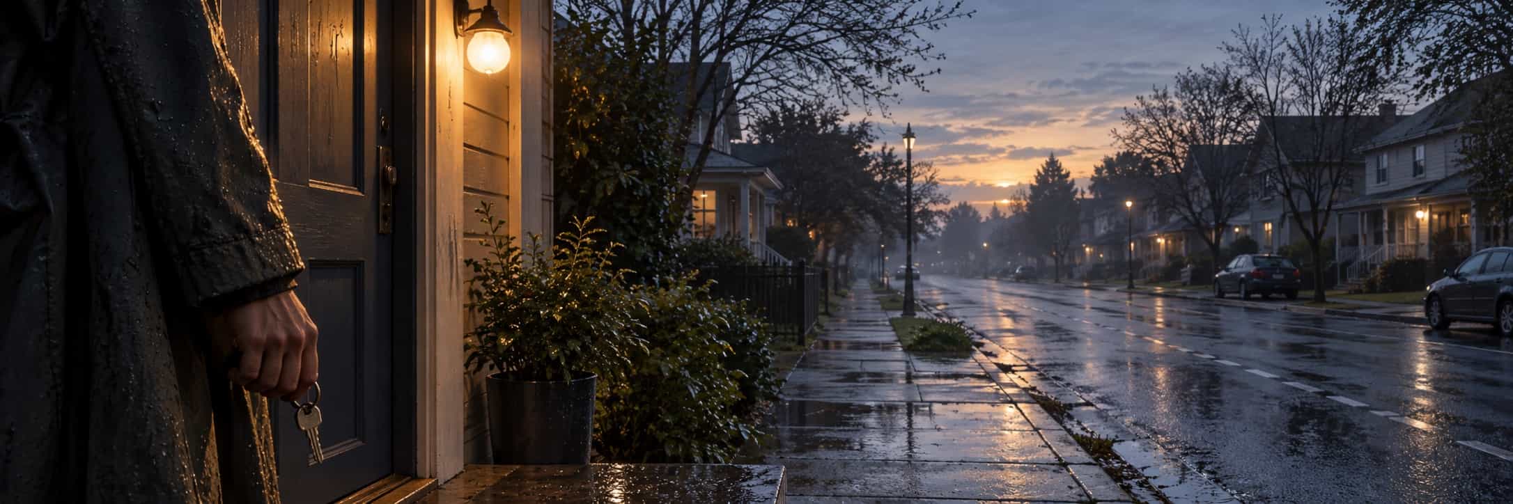 A porch bulb glows over a doorway as a hand holds a key above the wet street.