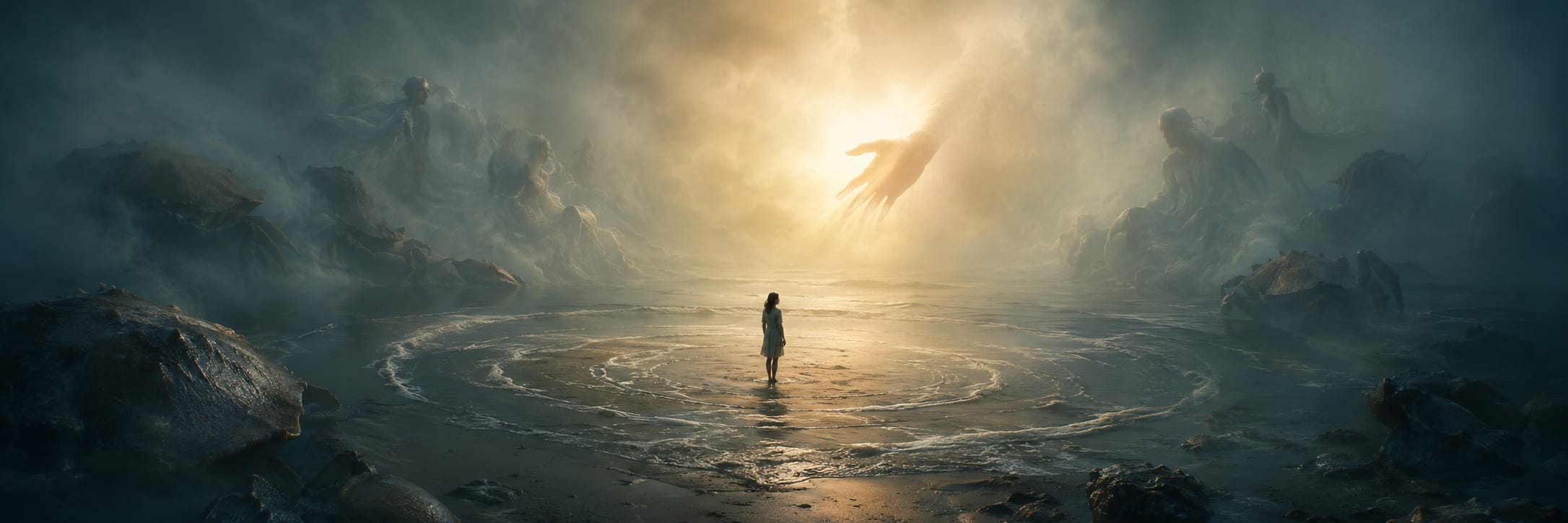 A person stands on wet ground with glowing circles, facing a giant hand surrounded by chaos and shadowy figures in the mist.